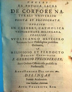 Theses Ex Physica Sacra De Corpore Naturali Universim