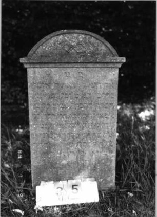 Grabstein 35 (Index: 99796337) Material: Sandstein Zustand: verwittert mit Textverlust Maße HxBxT: 97x56x11 cm Beschreibung: Stele, Abdeckplatte mit Segmentbogenaufsatz Symbolik: gekreuzte Palmzweige: Grabstein 35