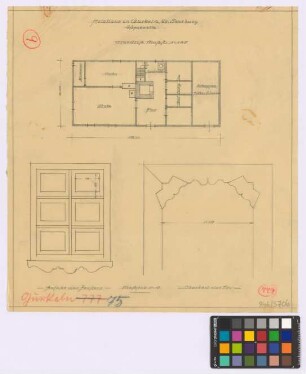 Gurkeln (Landkreis Sensburg): Holzhaus. - Haupthaus (Grundriss). - Fenster (Ansicht). - Tür, Oberteil (Ansicht)