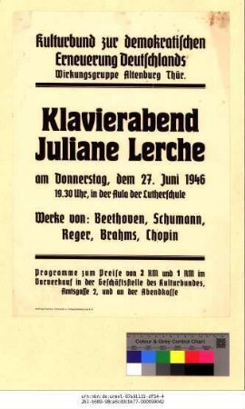 Originaltitel: Klavierabend Juliane Lerche Werke von: Beethoven, Schumann, Reger, Brahms, Chopin