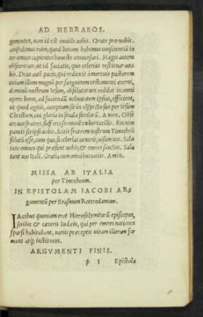 In Epistolam Iacobi Argumentum per Erasmum Roterodamum.