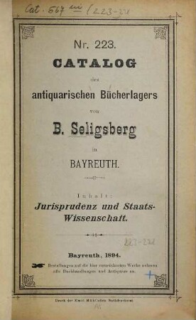 Antiquariats-Katalog. 223. 1894