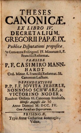 Theses canonicae ex libro IV. Decretalium Gregorii Papae IX.