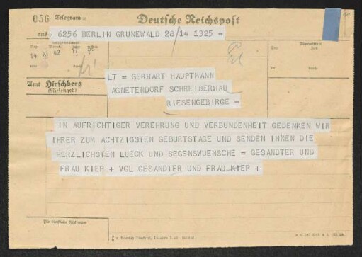 Brief von Otto Carl Kiep und Hanna Kiep an Gerhart Hauptmann