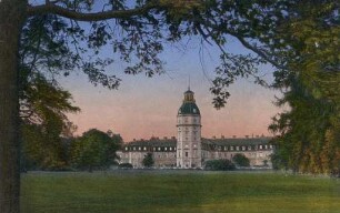 Postkartenalbum mit Motiven von Karlsruhe. "Karlsruhe in Baden. Schlossgarten". Schlossturm mit Schlossgarten