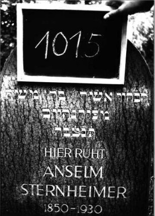 Grabstein 1015 (Index: 99803886) Material: Syenit, poliert Zustand: sehr gut Maße HxBxT: 100x50x11 cm Beschreibung: Stele mit Rundbogenabschluß: Grabstein 1015 (Detailaufnahme)