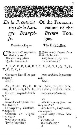 De la Prononciation de la Langue Francoise. Of the Pronounciation of the French Tongue.