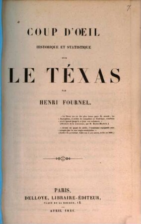 Coup d'oeil historique et statistique sur le Téxas