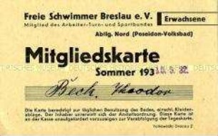 Mitgliedskarte der Freien Schwimmer Breslau