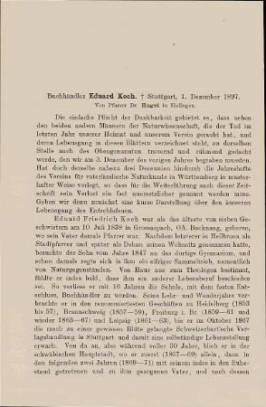 Nekrolog des Buchhändlers Eduard Koch