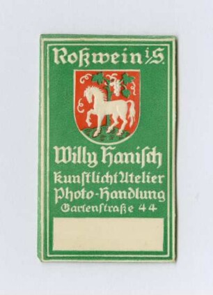 Aufkleber der Kunstlicht-Atelier, Photo-Handlung Willy Hanisch in Roßwein, Gartenstraße 44