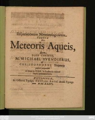 Disputationum Meteorologicarum Tertia De Meteoris Aqueis