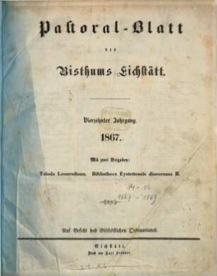 Pastoralblatt : Amtsblatt des Bistums Eichstätt. 14, 14. 1867