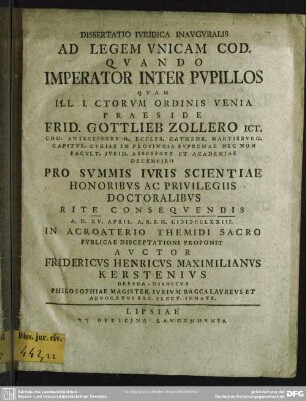 Dissertatio Iuridica Inauguralis Ad Legem Unicam Cod. Quando Imperator Inter Pupillos