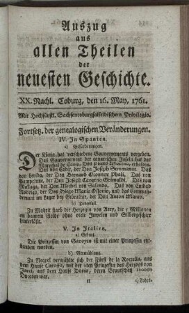 XX. Nachl. Coburg, den 16. May, 1761.