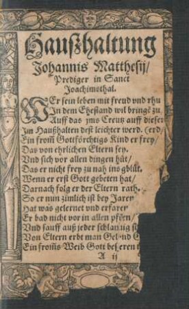 Haußhaltung Johannis Matthesii/ Prediger in Sanct Joachimsthal.