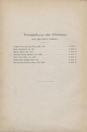 Verzeichniss der Portraits (nach zeitgenössischen Originalen)
