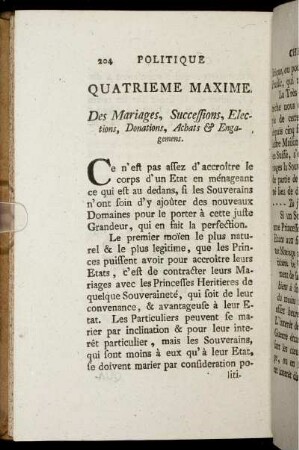 Quatrieme Maxime. Des Mariages, Successions, Elections, Donations, Achats & Engagemens.