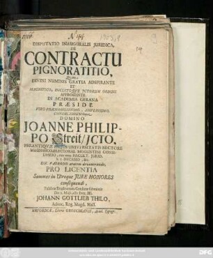 Disputatio Inauguralis Juridica, De Contractu Pignoratitio