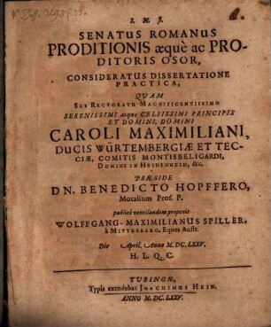 Senatus Romanus proditionis aeque ac proditoris osor, consideratus dissertatione practica