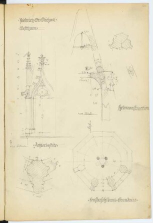 St. Michaelskapelle, Kiedrich: Grundriss, Schnitt, Details Turmhelm, Details Westturm (aus: Skizzen- und Fotoalbum 2)