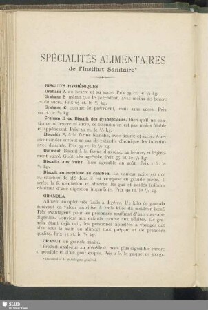 Spécialités alimentaires de l'Institut Sanitaire