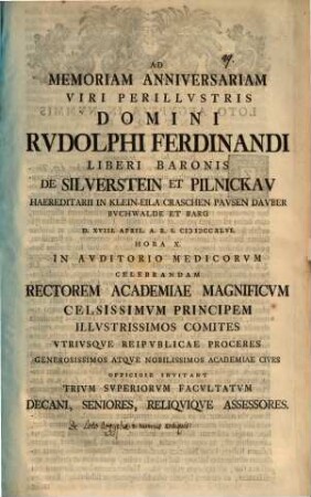 Ad memoriam annivers. V. J. Rud. Ferdinandi L. B. de Silverstein ... d. 18. Apr. ... celebrandam ... invitant Trium Super. Facultat. Decani ... : [disseritur de loto aegyptia in nummis antiquis]