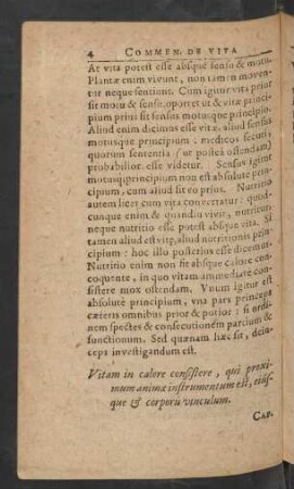 Vitam in calore consistere, qui proximum animae instrumentum est, eiusque et corporis vinculum. Caput II.