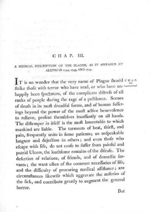 Chap. III. A medical description of the plague, as it appeared at Aleppo in 1742, 1743, and 1744.