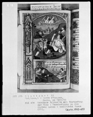 Lateinisches Stundenbuch (Livre d'heures) — Bildseite mit zwei Miniaturen und Textanfang, Folio 42verso