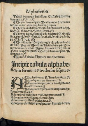 Incipit tabula alphabetica in sermones tredecim sequentes.