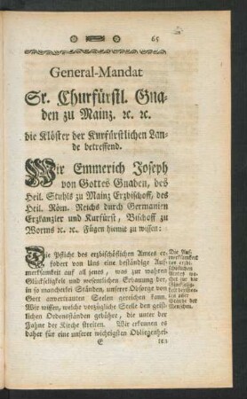 General-Mandat Sr. Churfürstl. Gnaden zu Mainz [et]c. [et]c. die Klöster der Kurfürstlichen Lande betreffend
