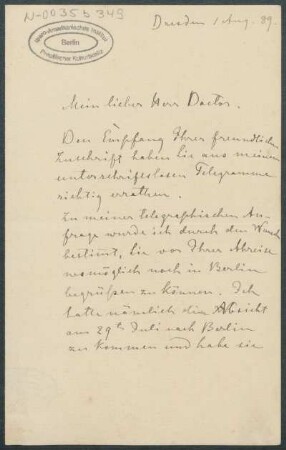 01. August 1889, Dresden [Brief von Alphons Stübel an Max Uhle]