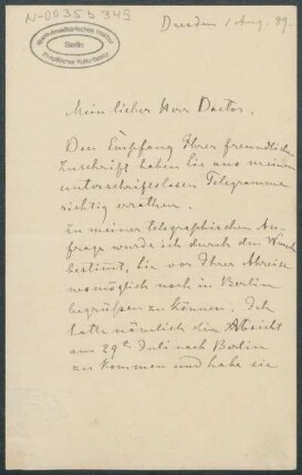 01. August 1889, Dresden [Brief von Alphons Stübel an Max Uhle]