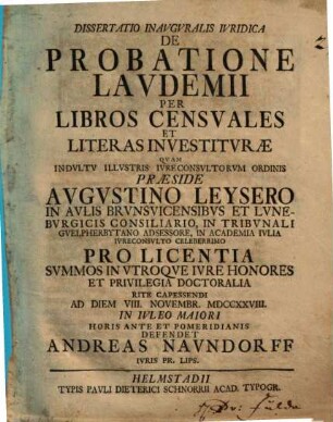 Dissertatio Inavgvralis Ivridica De Probatione Lavdemii Per Libros Censvales Et Literas Investitvræ