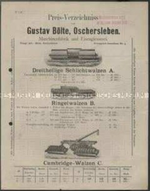 Preisliste über Walzen für Bodenbearbeitung