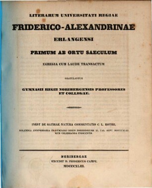 Sollemnia anniversaria in Gymnasio Regio Norimbergensi ... rite celebranda indicit. 1843