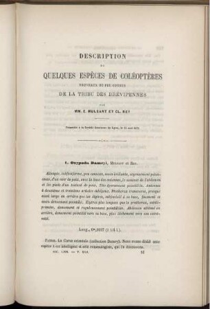 Description De Quelques Espèces De Coléoptères Nouveaux Ou Peu Connus De La Tribu Des Brévipennes