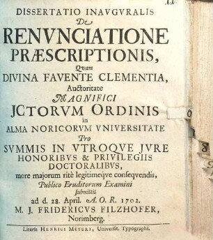 Dissertatio inauguralis de renunciatione praescriptionis