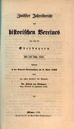 Jahresbericht des Historischen Vereins von Oberbayern. 12. 1849 (1850)