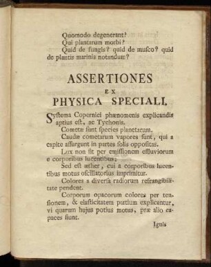 Assertiones ex Physica Speciali.
