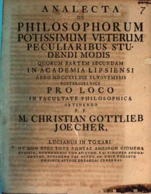 Analecta de philosophorum, potissimum veterum, peculiaribus studendi modis. Pars II. (1716)