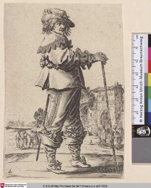 [Offizier im rechten Profil mit Gehstock in seiner rechten Hand; Officer in right profile with cane in right hand. People before dilapitated gate at right]