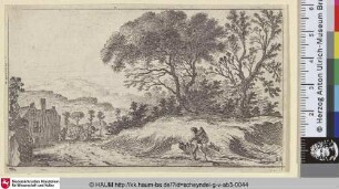 [Reisender auf einem Pfad vor drei Bäumen auf einem Hügel rechts; Traveller on Path before three Trees on a Knolll at right]