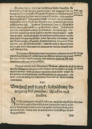 VIII. Von speiß und tranck/ leibsübung/ bewegung deß gemüts/ schlaffen und wachen