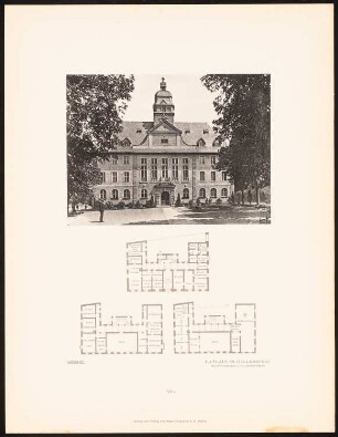 Rathaus, Ballenstedt: Hauptansicht und Grundrisse (aus: Alfred Messel, 1912)