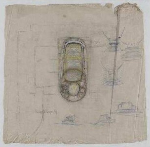 Kino in Berlin, im Rahmen der Ausstellung "Berlin plant – Erster Bericht" (nicht realisiert) – Grundriss, Perspektivansichten. Berlin-Charlottenburg