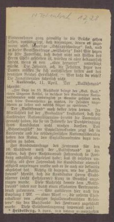 Zeitungsausschnitt einer unbekannten Zeitung über eine mögliche Kandidatur von Constantin Fehrenbach für die Reichstagswahlen 1903