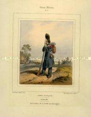 Uniformdarstellung, Gemeiner des Grenadier-Regiments der Kaiserlichen Garde in Felduniform, Kaiserreich Frankreich, 1804/1812. Tafel Nr. 11 aus: Galerie Militaire.