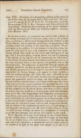 Art. VIII. Narrative of a Second Expidition to the shores of the Polar Sea; ...